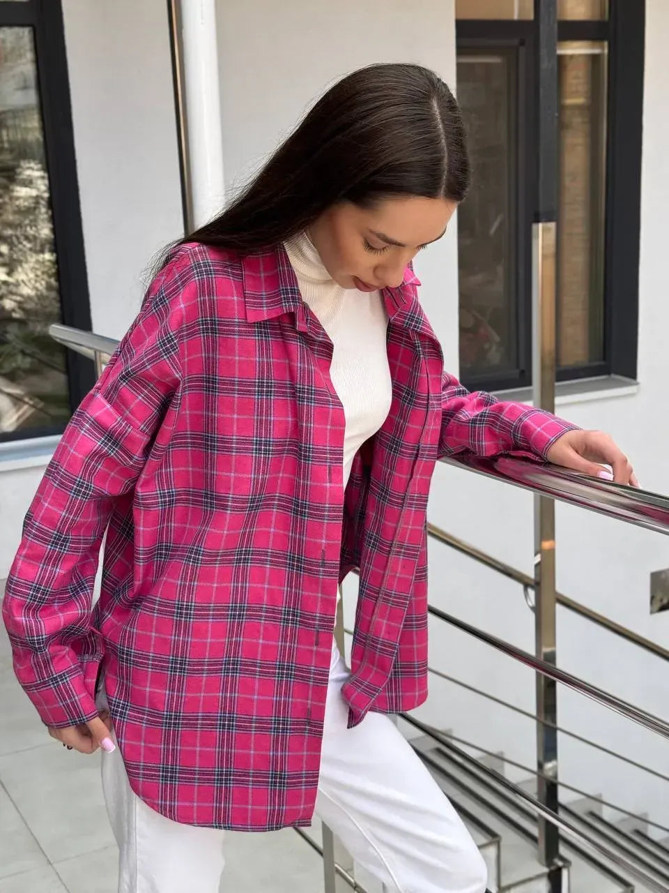 Koszula w kratę damska oversize 5.45 – fuksja