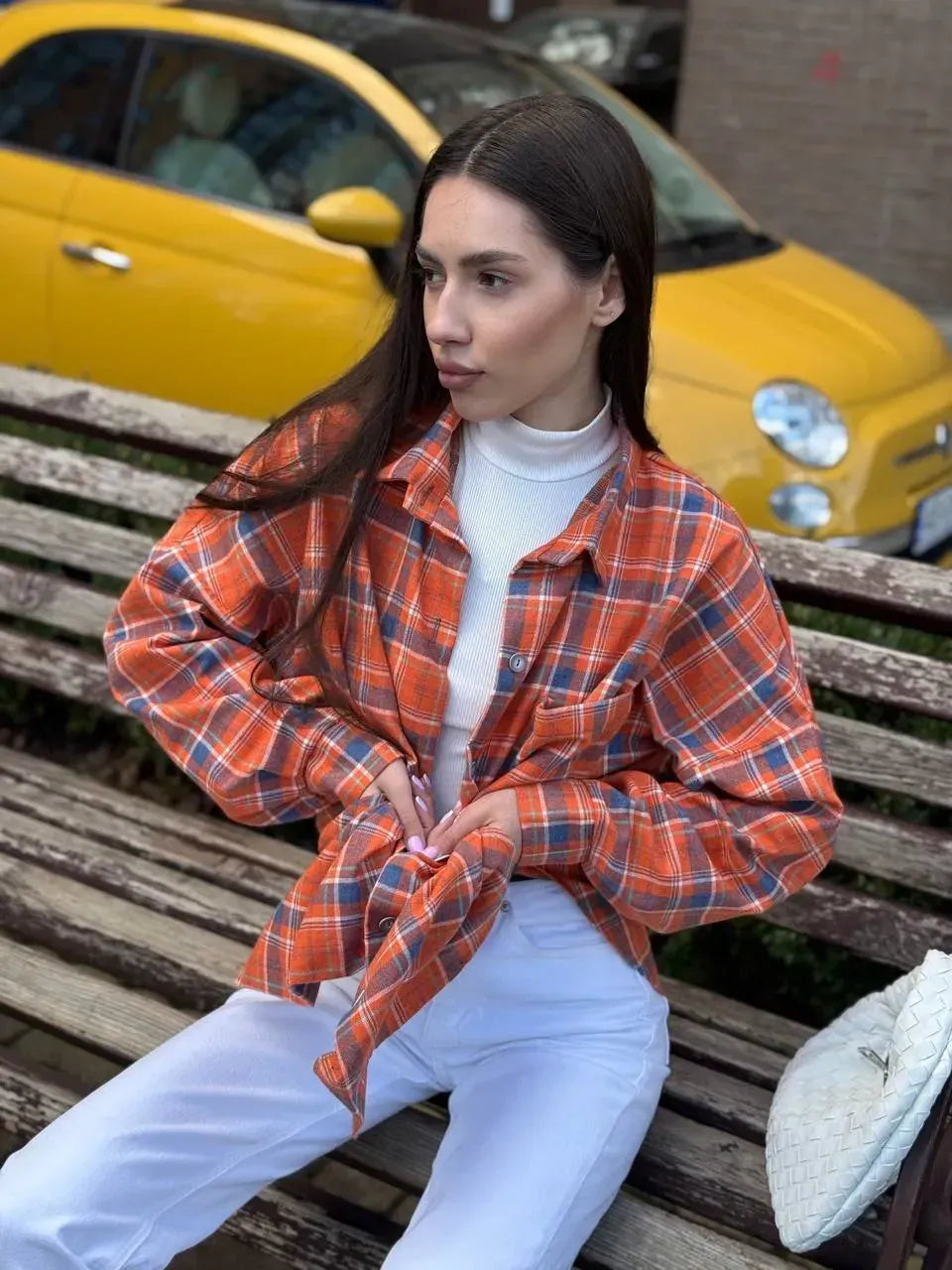Koszula w kratę damska oversize 5.45 – pomarańczowa